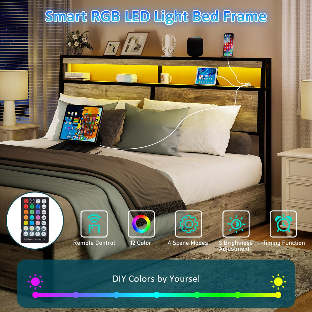 Metal Platform King Bed Frame Wood with 4 Drawers, LED Light, Charging Station, No Box Spring Needed, Noise Free, Easy Assembly, Grey