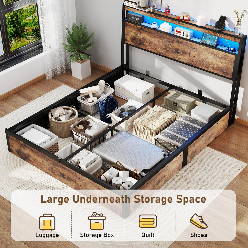 Metal Platform King Bed Frame Wood with 4 Drawers, LED Light, Charging Station, No Box Spring Needed, Noise Free, Easy Assembly, Grey