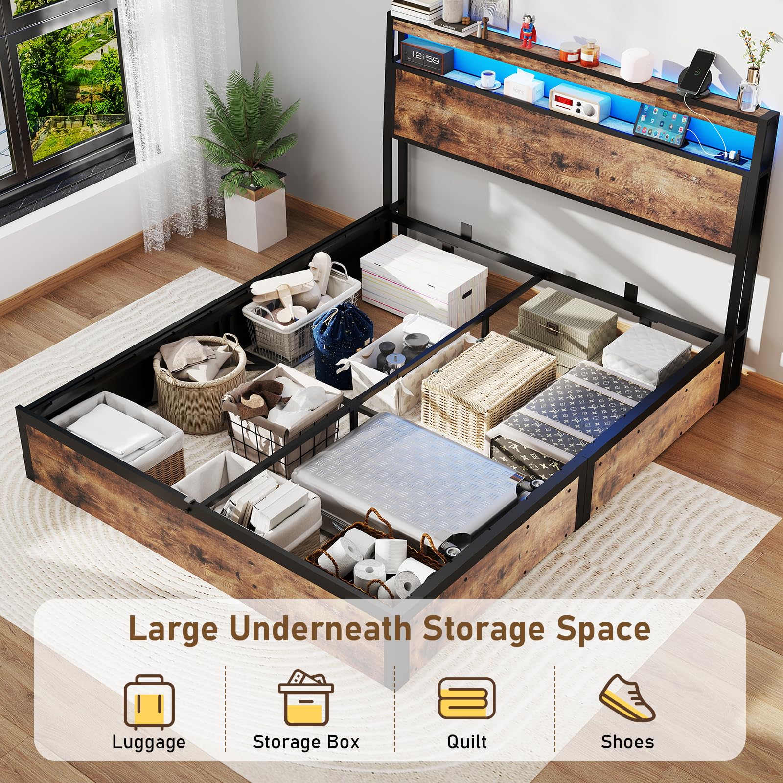 Metal Platform King Bed Frame Wood with 4 Drawers, LED Light, Charging Station, No Box Spring Needed, Noise Free, Easy Assembly, Grey