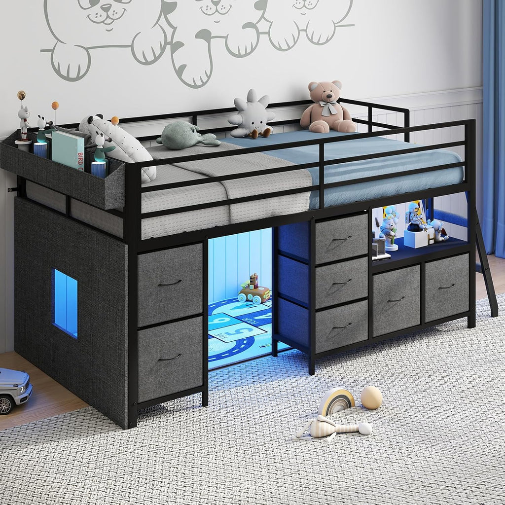 Low Loft Bed with 7 Storage Drawers and Bookcase