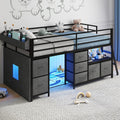 Low Loft Bed with 7 Storage Drawers and Bookcase