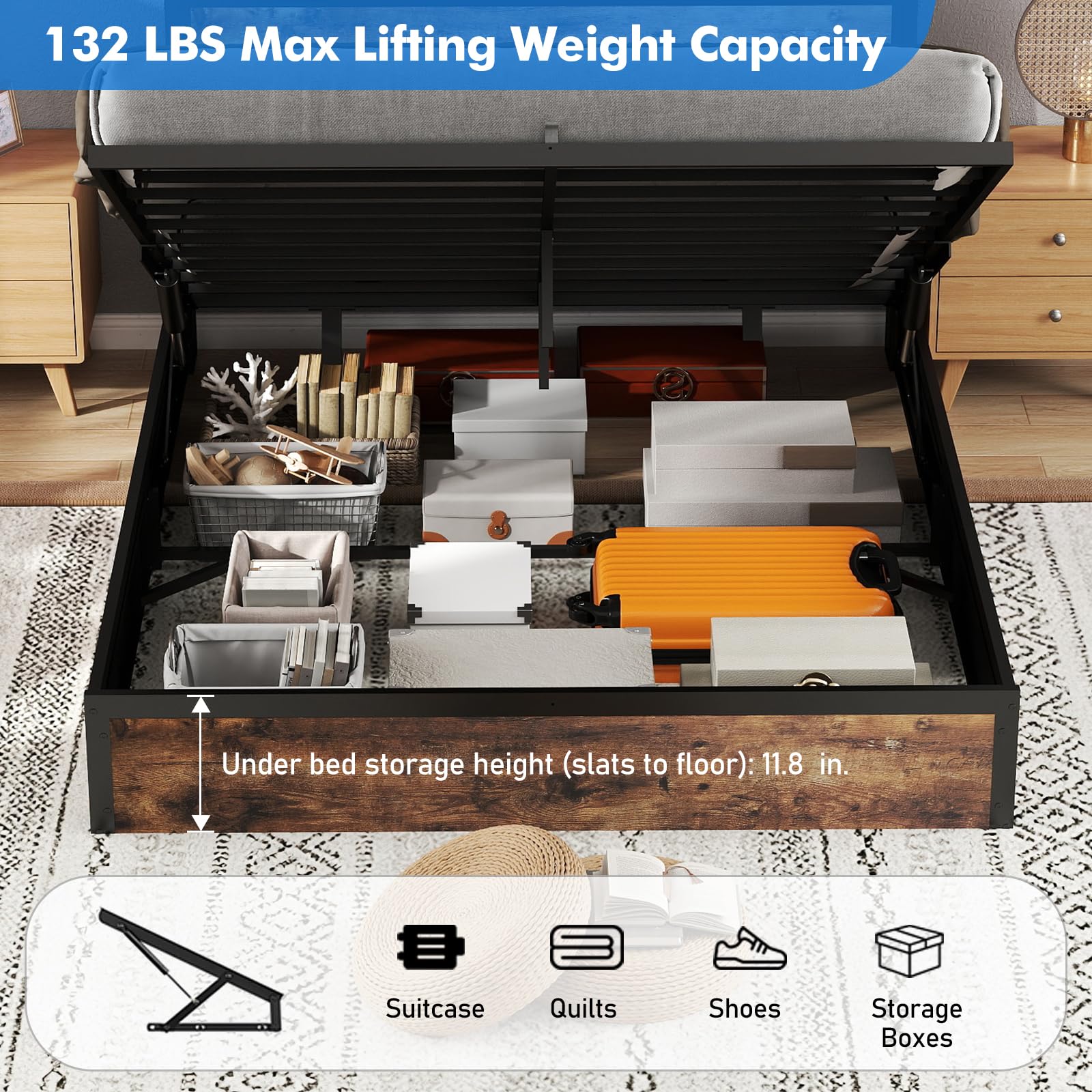 Full Size Lift Up Storage Bed Frame with Charging Station