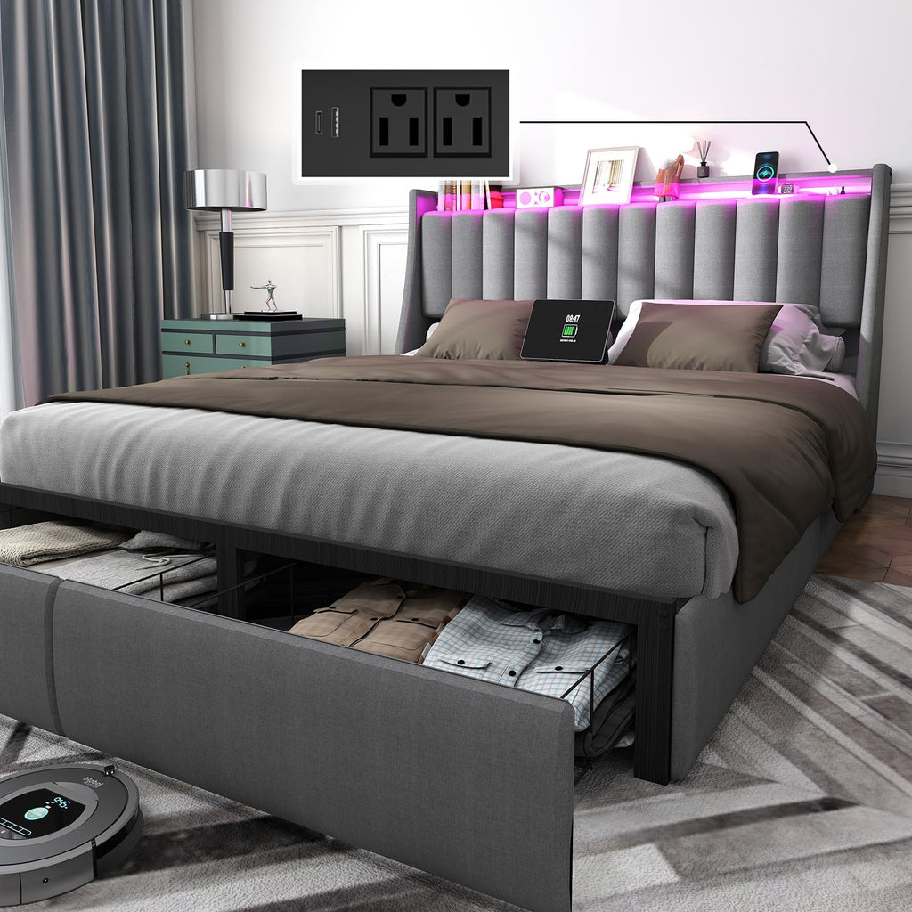 Queen Bed Frame with Headboard and 2 Storage Drawers