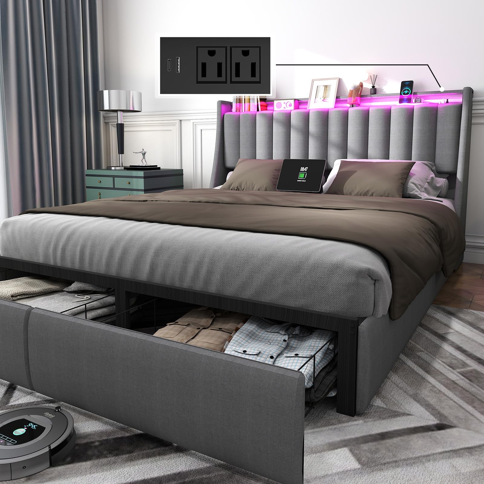 Queen Bed Frame with Headboard and 2 Storage Drawers