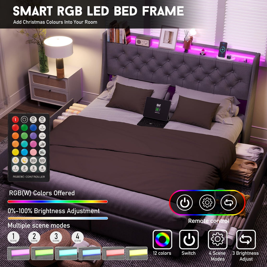 Queen Bed Frame with Headboard and 2 Storage Drawers