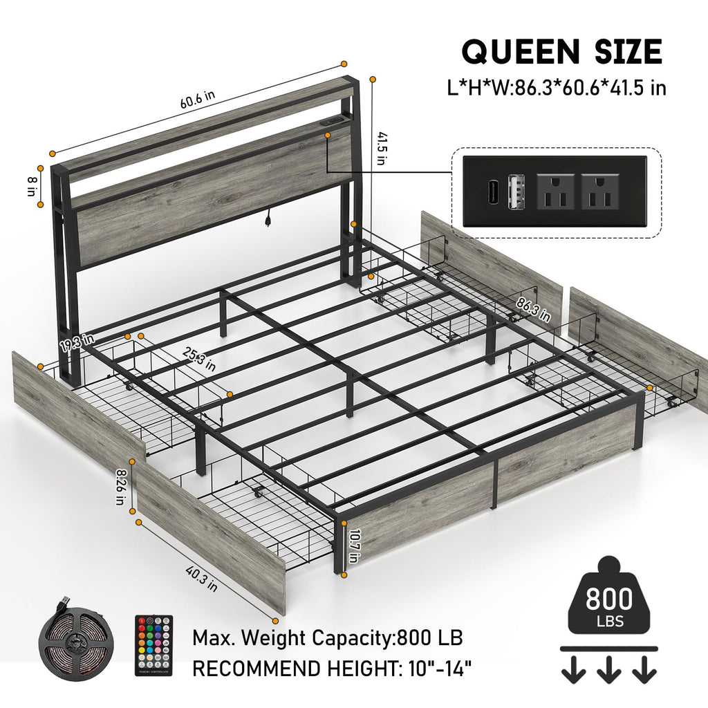 Full Size Lift Up Storage Bed Frame with Charging Station