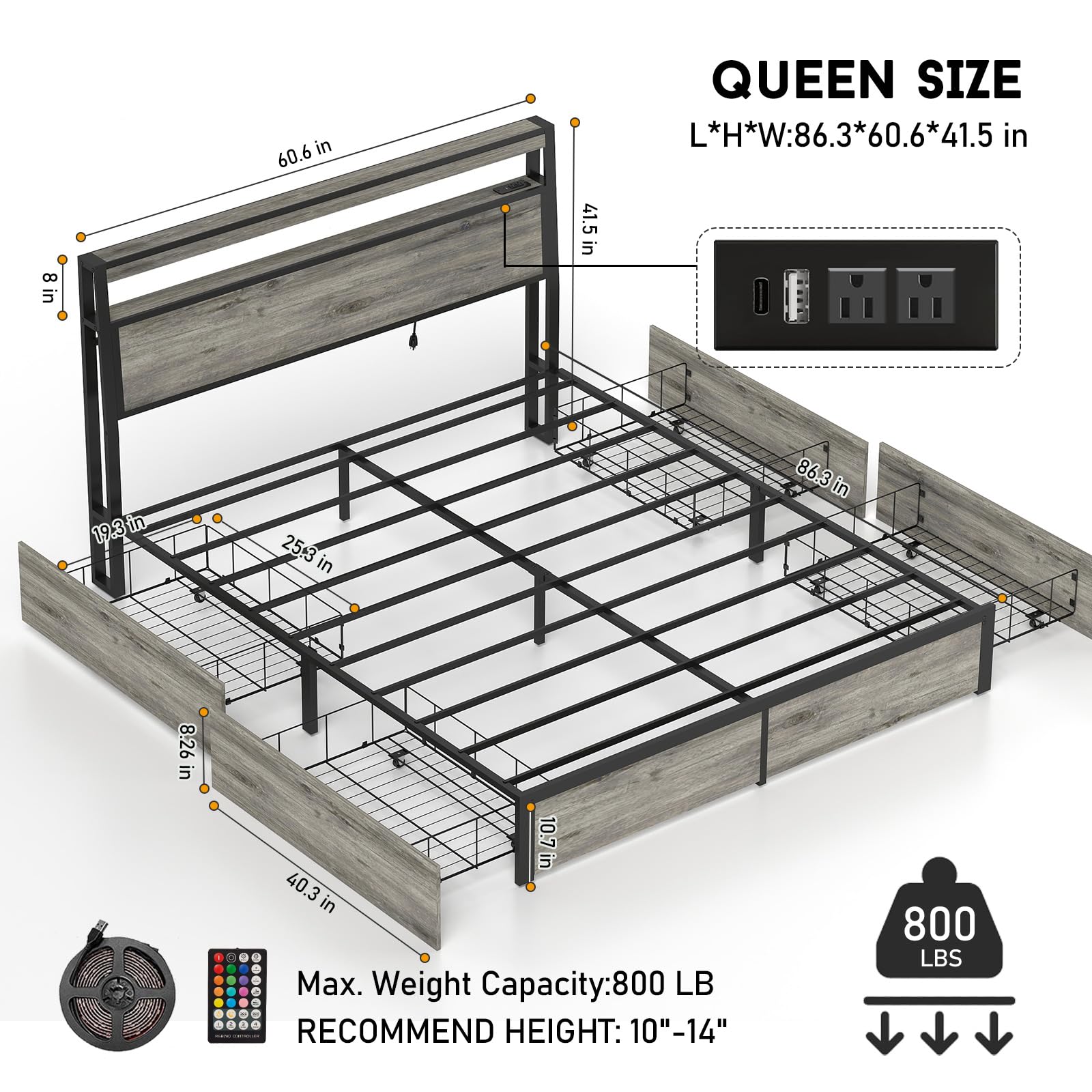 Full Size Lift Up Storage Bed Frame with Charging Station