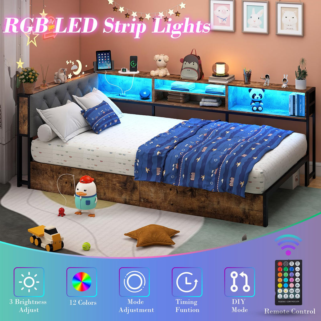 Corner Bed Frame with Storage Bookcase and LED Lights