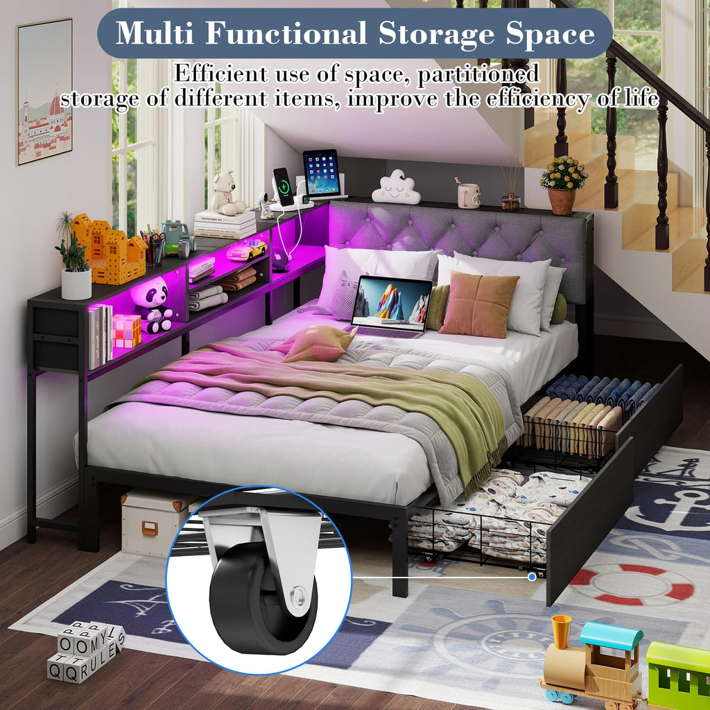 Corner Bed Frame with Storage Bookcase and LED Lights