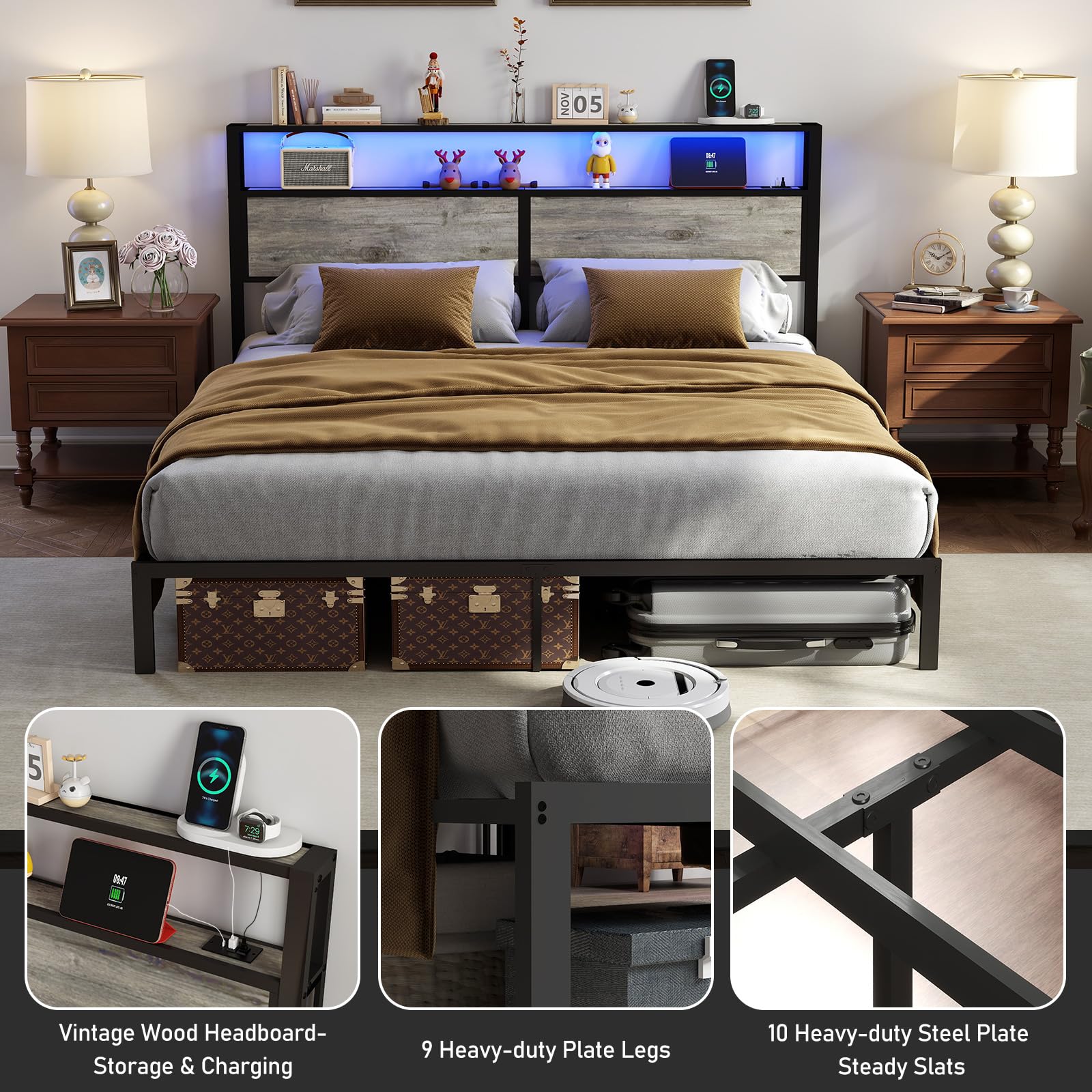 Metal Platform Bed Frame with LED Lights & Charging Station, Under Bed Storage, No Box Spring Needed, Noise Free, Dark Grey