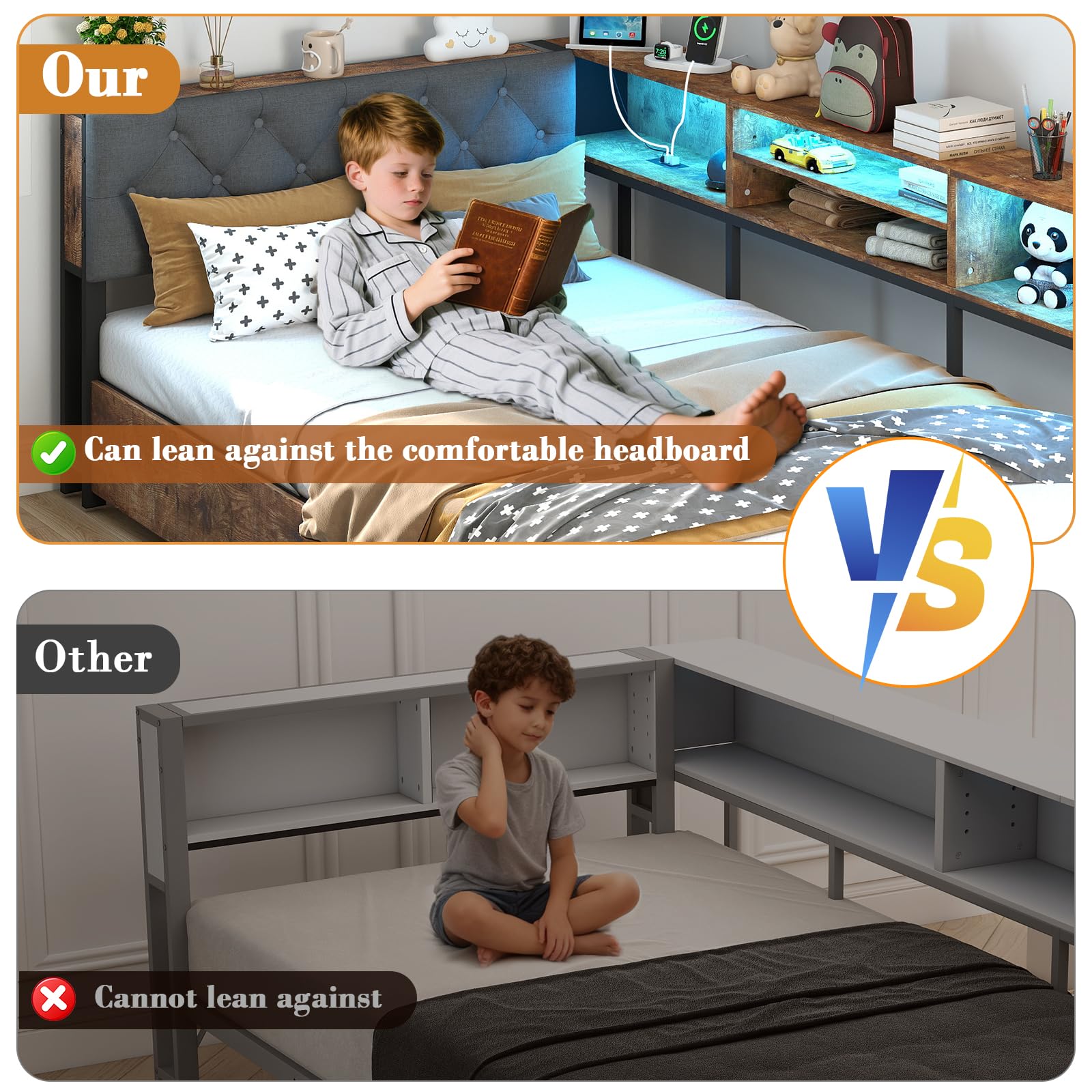 Corner Bed Frame with Storage Bookcase and LED Lights