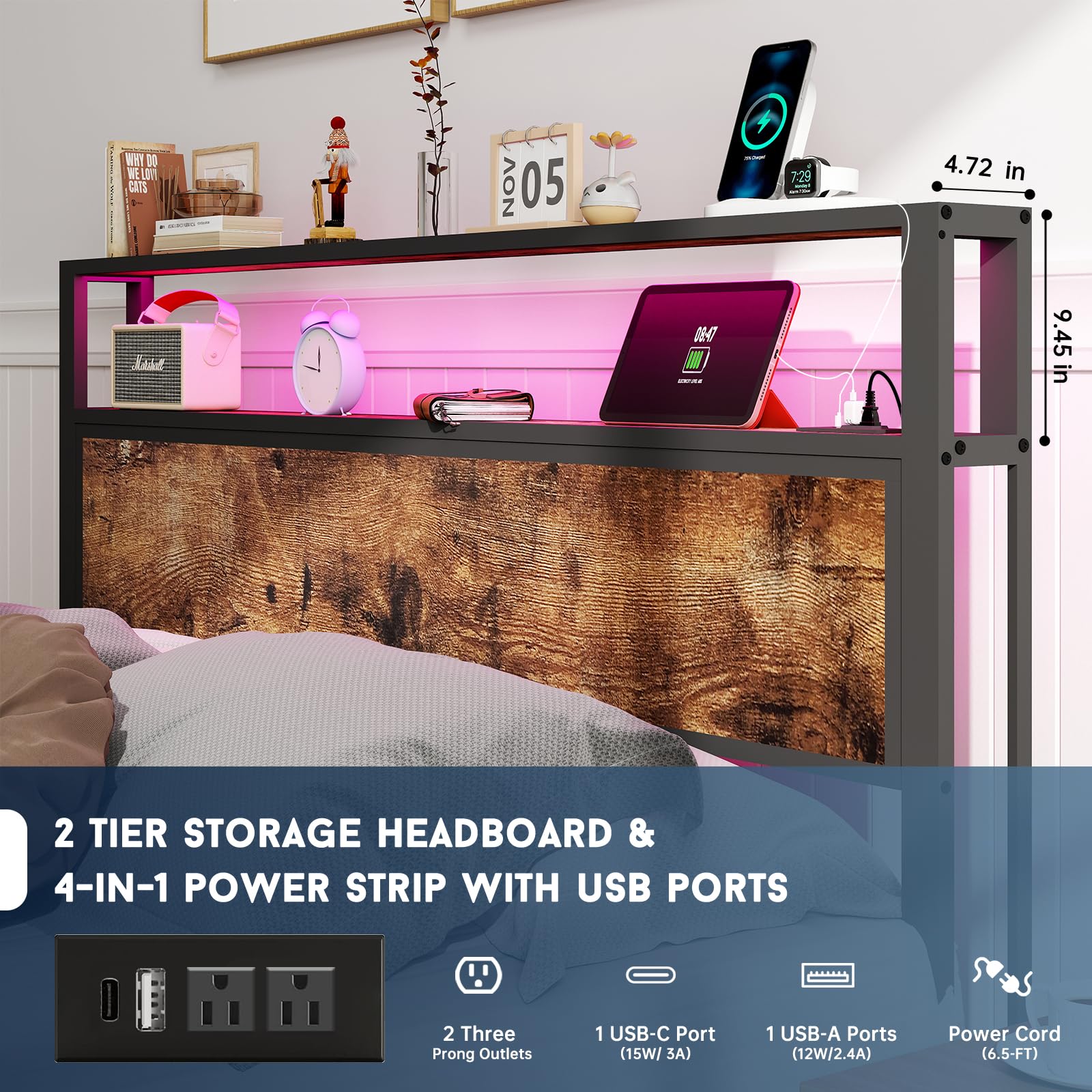 Full Size Lift Up Storage Bed Frame with Charging Station