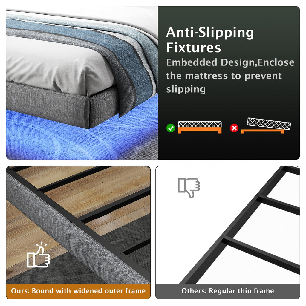 Floating Bed Frame Queen with LED Lights,No Box Spring Needed, Noise Free