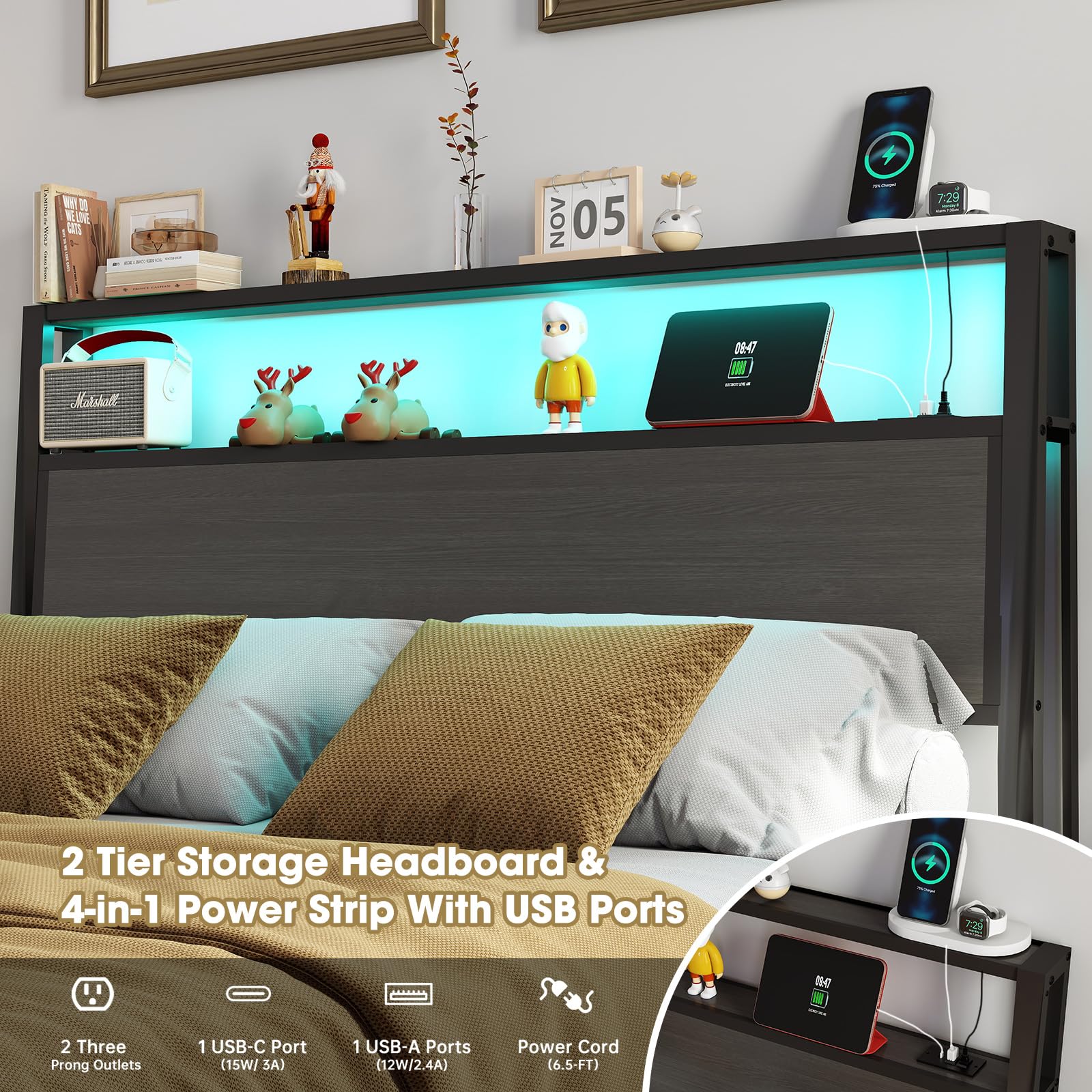 Metal Platform Bed Frame with LED Lights & Charging Station, Under Bed Storage, No Box Spring Needed, Noise Free, Dark Grey