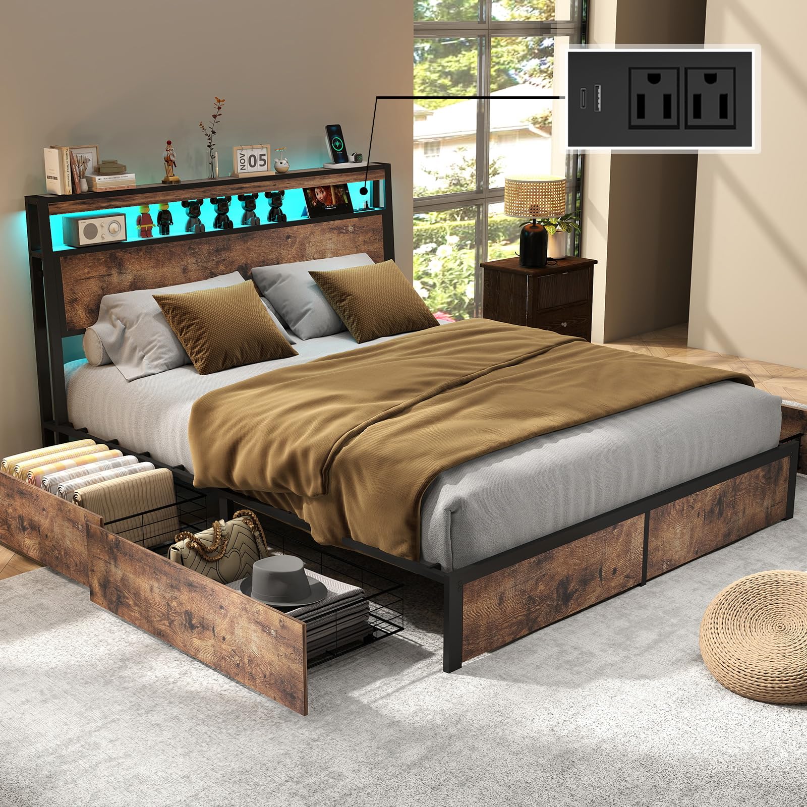 Full Size Lift Up Storage Bed Frame with Charging Station