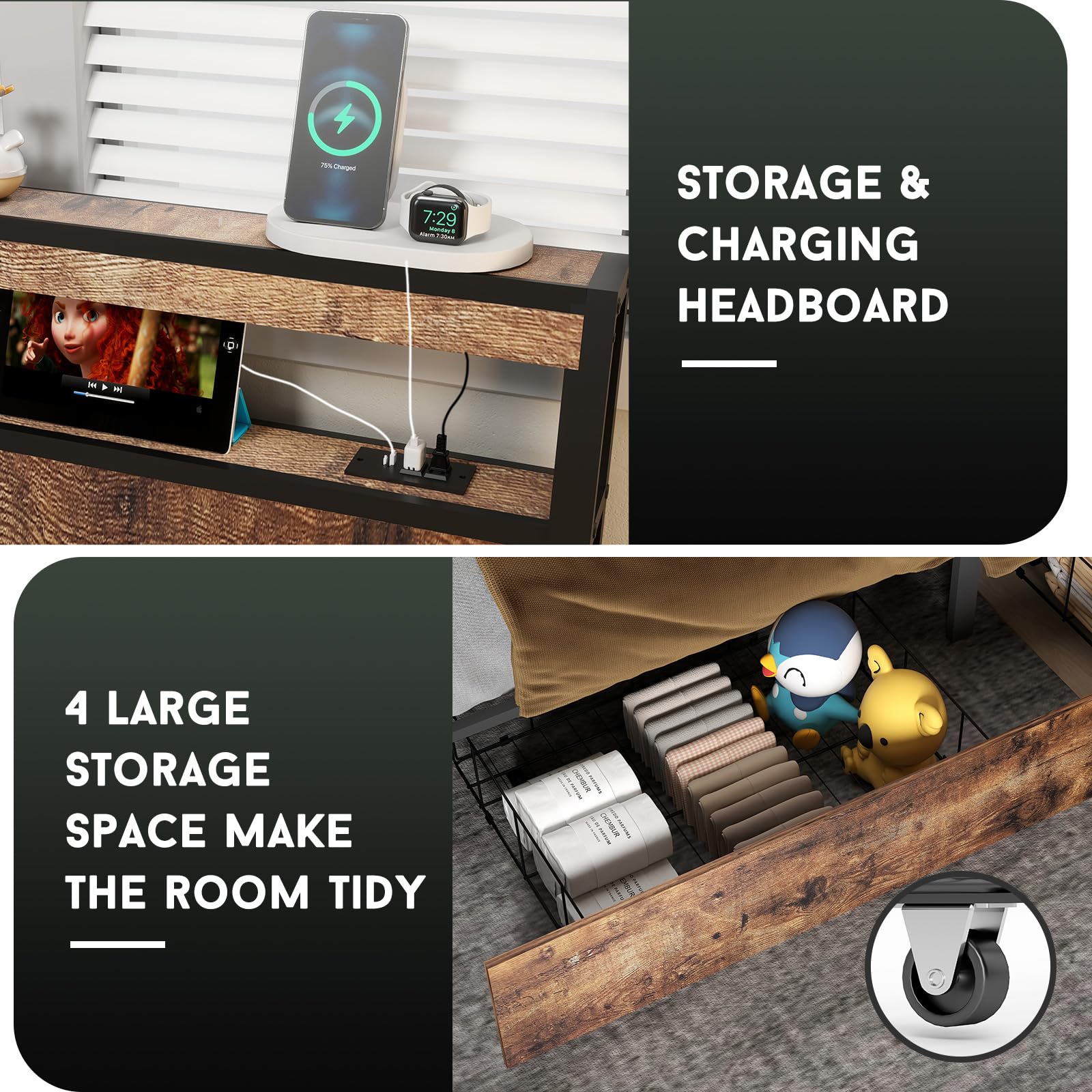 Full Size Lift Up Storage Bed Frame with Charging Station