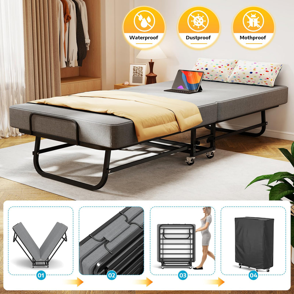 Folding Bed with Mattress for Adults, Portable Foldable Roll Away Bed on Wheels