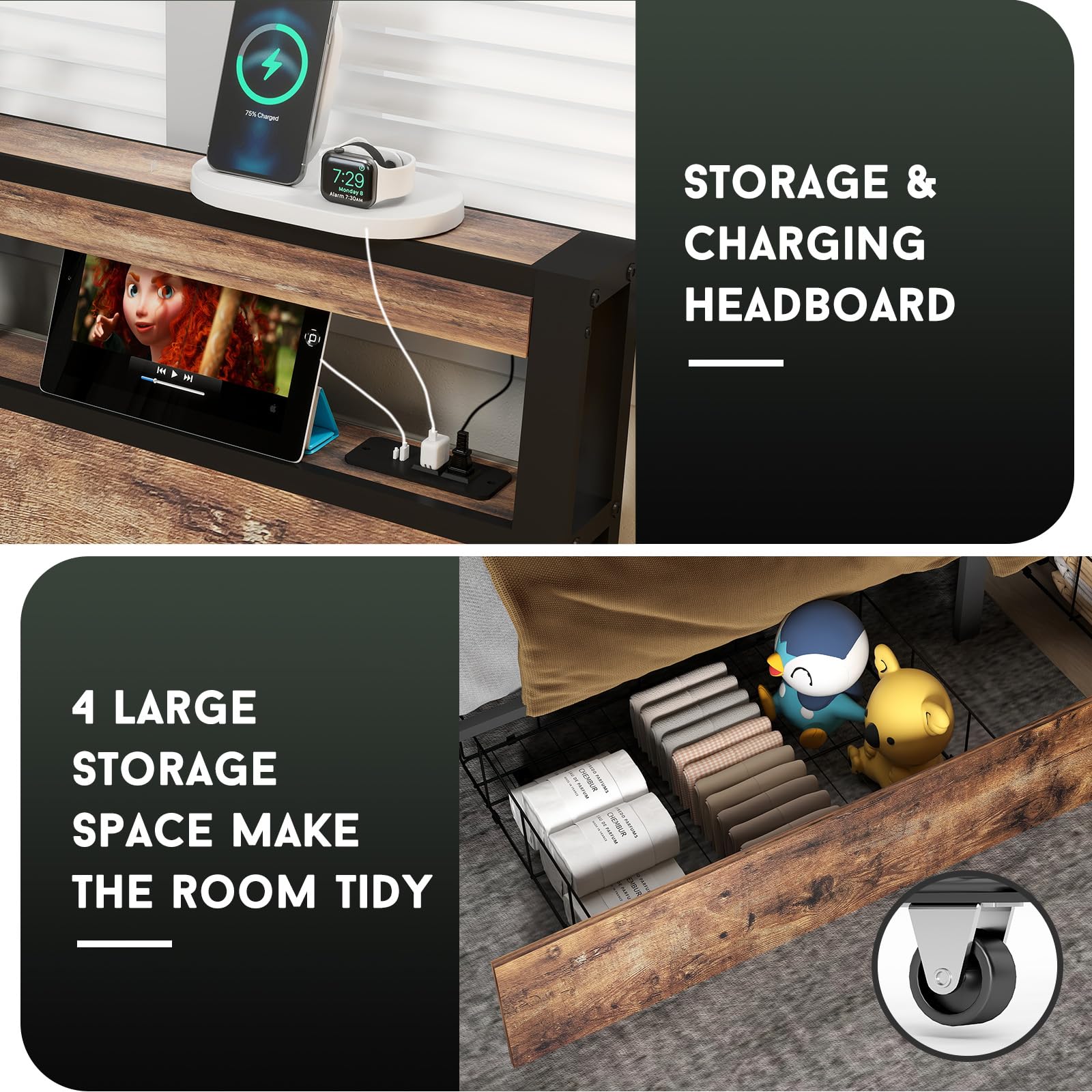 Full Size Lift Up Storage Bed Frame with Charging Station