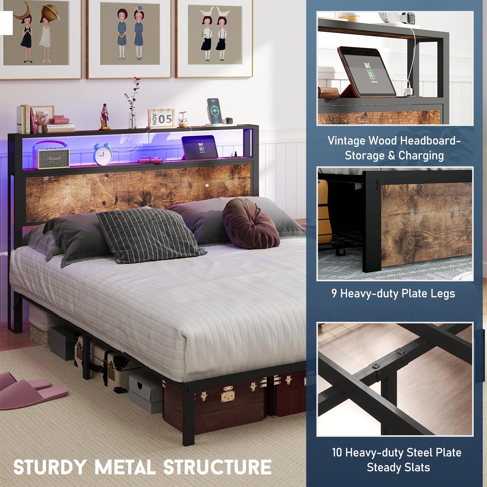 Full Size Lift Up Storage Bed Frame with Charging Station