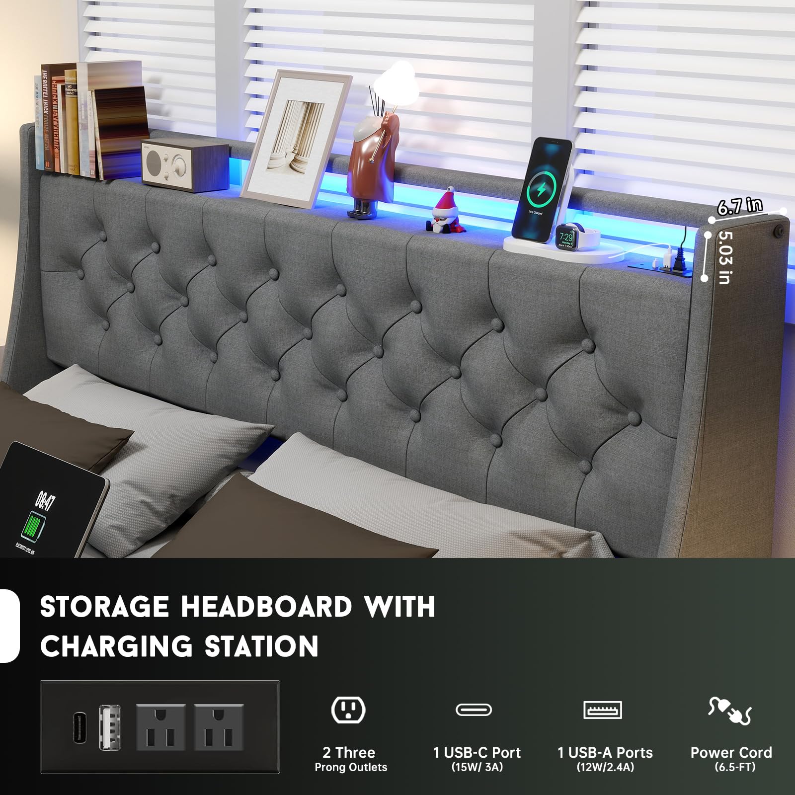 Queen Bed Frame with Headboard and 2 Storage Drawers