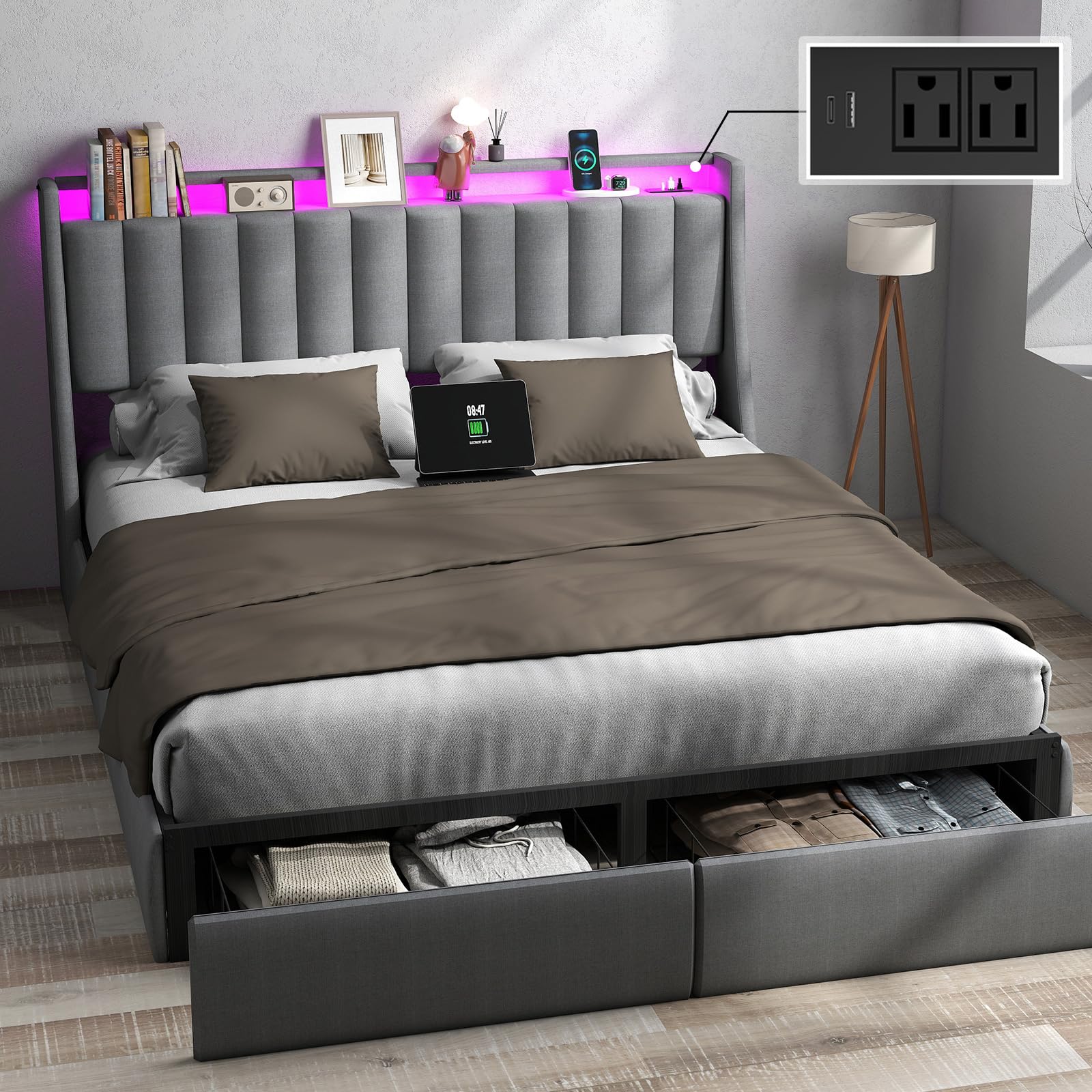 Queen Bed Frame with Headboard and 2 Storage Drawers