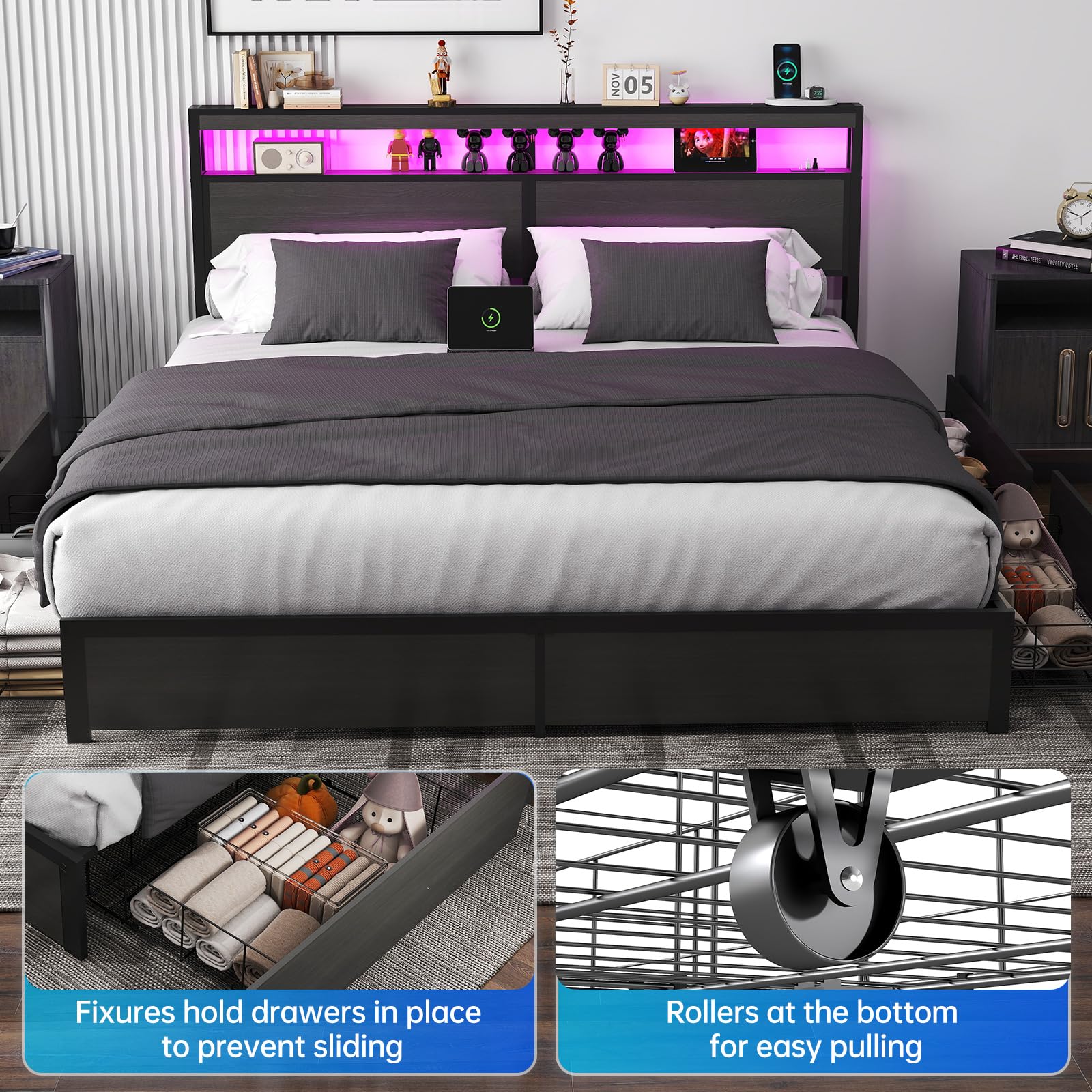 Full Size Lift Up Storage Bed Frame with Charging Station