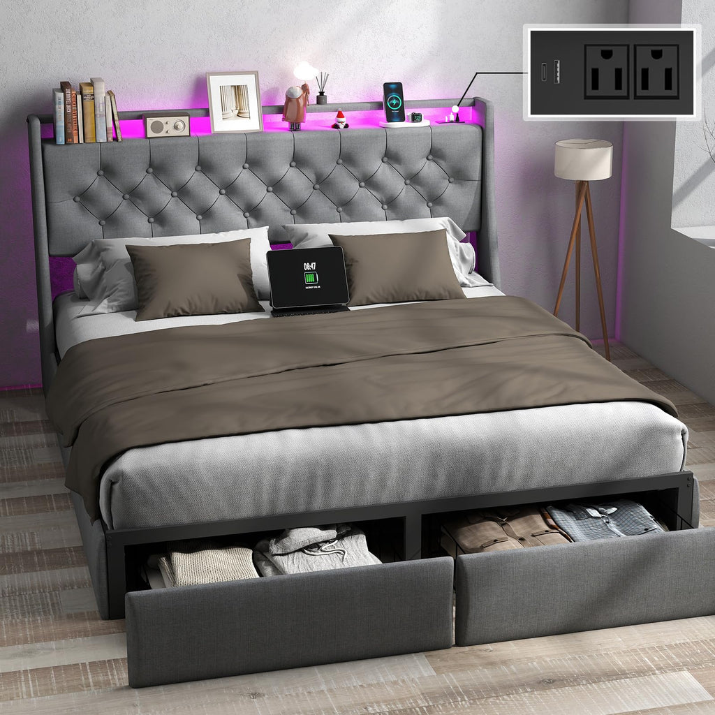 Queen Bed Frame with Headboard and 2 Storage Drawers