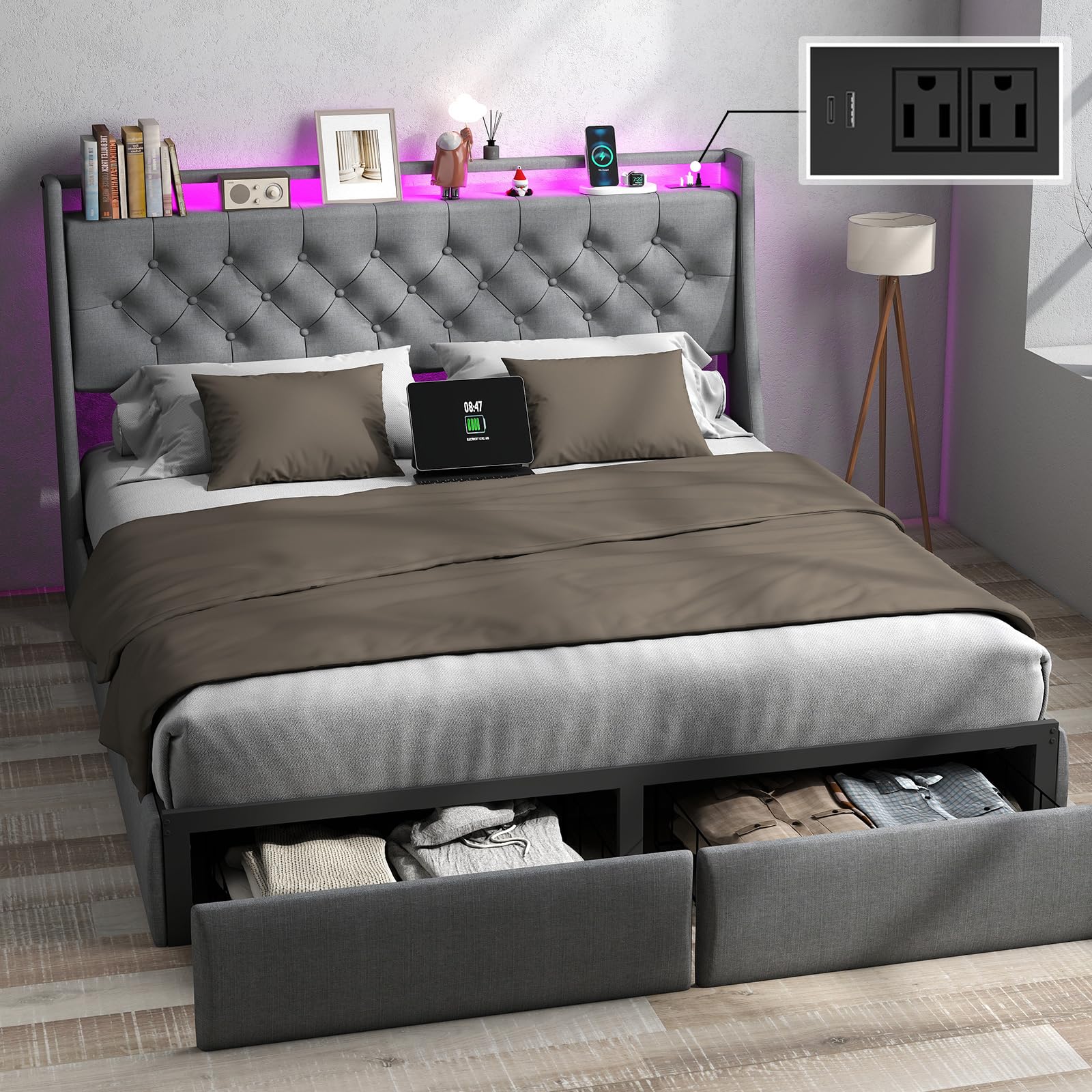 Queen Bed Frame with Headboard and 2 Storage Drawers