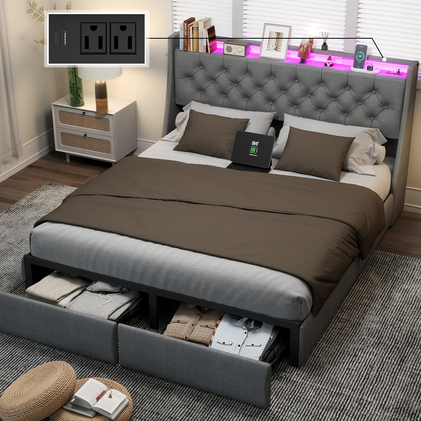 Queen Bed Frame with Headboard and 2 Storage Drawers