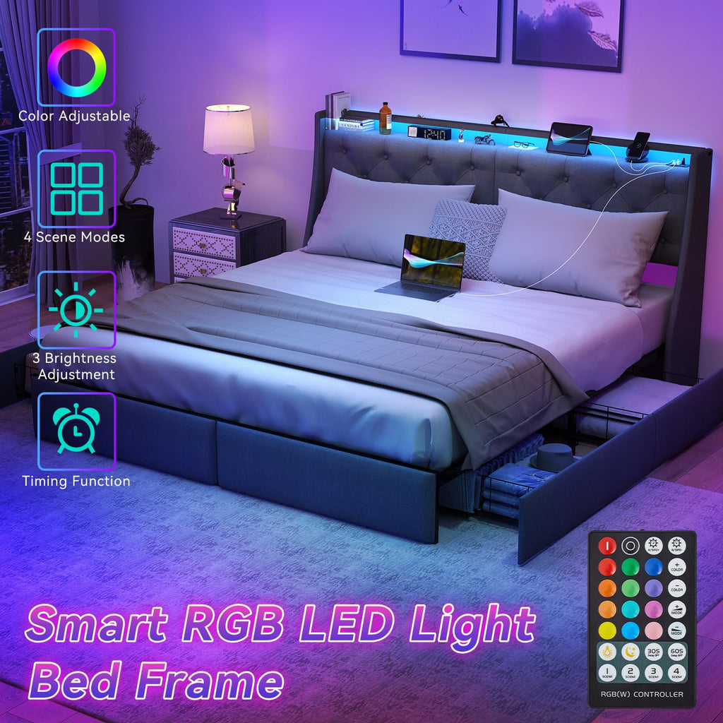 Queen Bed Frame with Storage Headboard and Drawers, Bed Frame Platform with LED Light, Charging Station, No Box Spring Needed, Noise Free, Easy Assembly, Grey