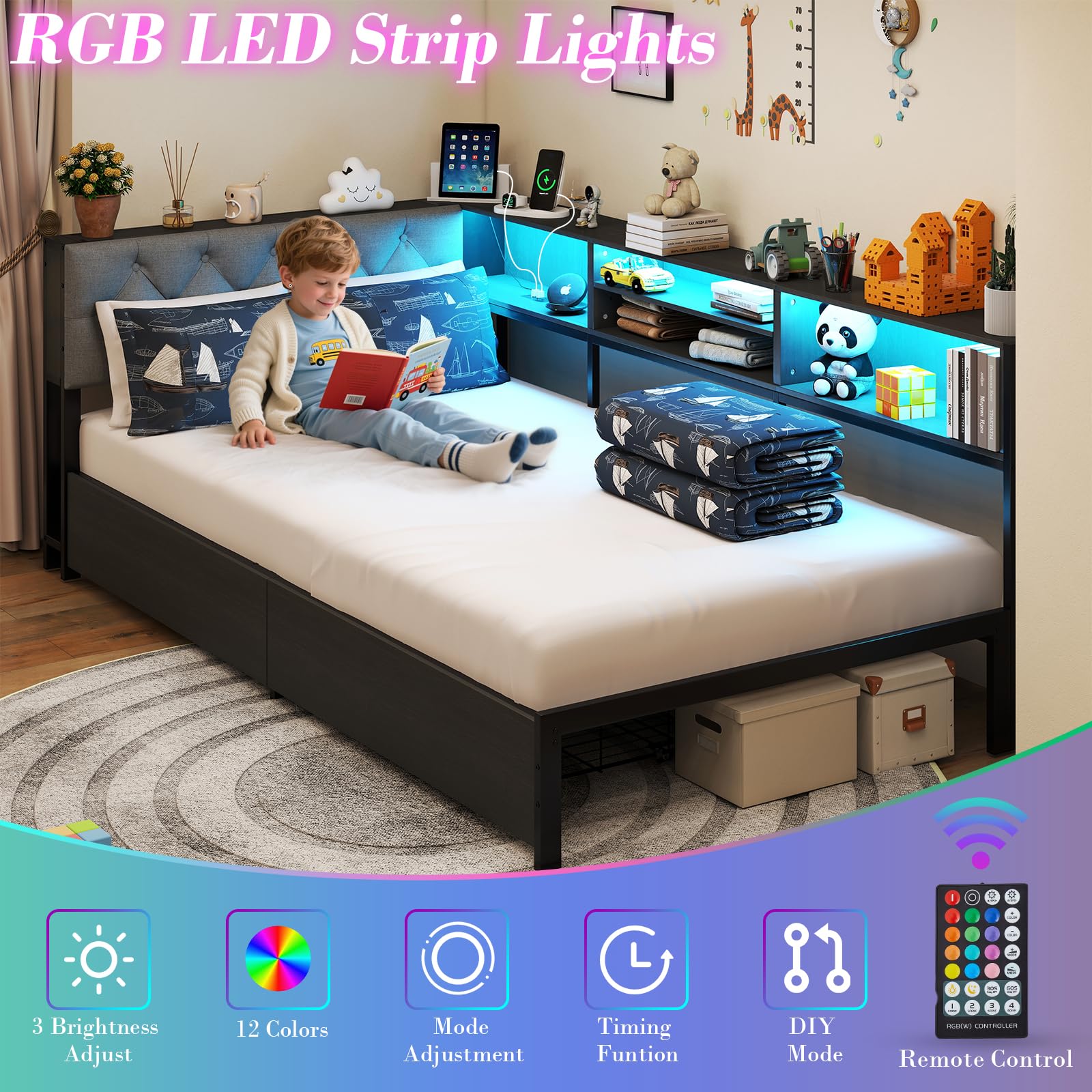 Corner Bed Frame with Storage Bookcase and LED Lights