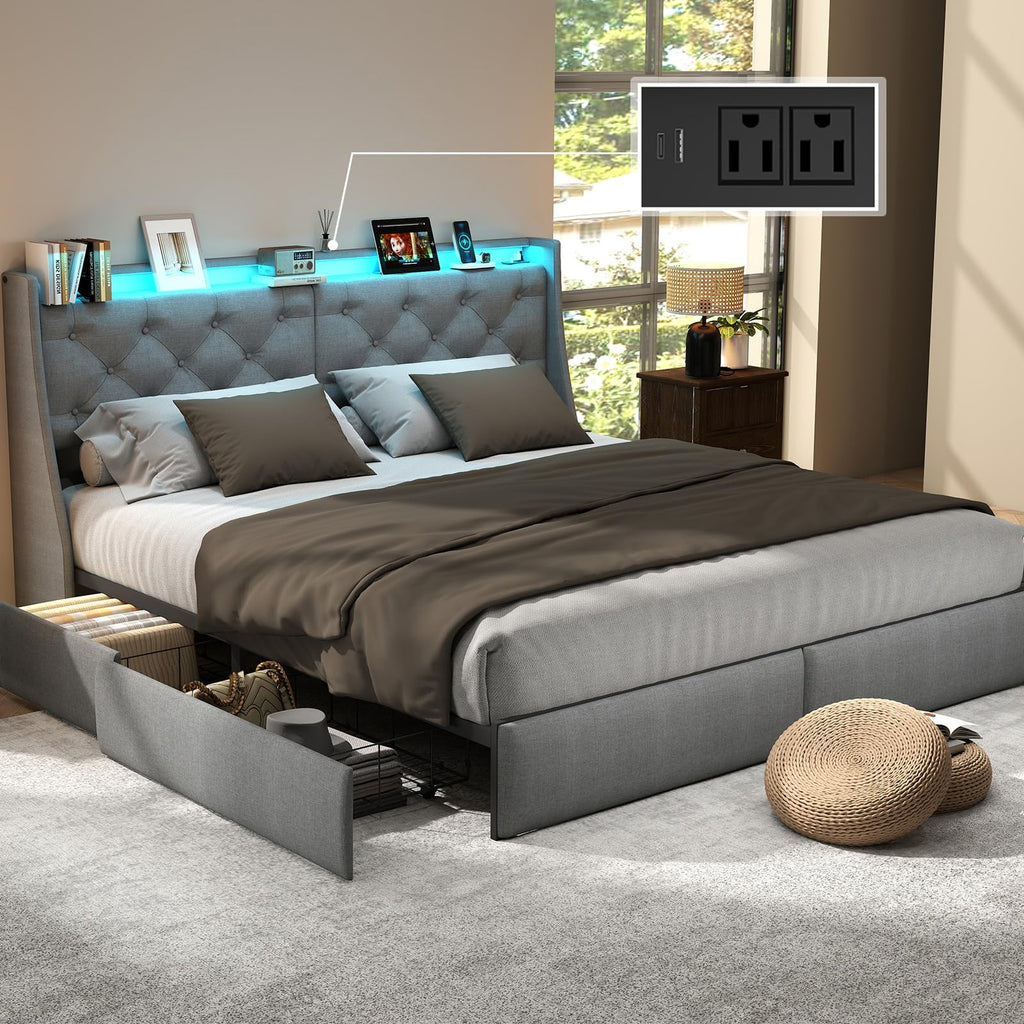 Queen Bed Frame with Headboard and 2 Storage Drawers