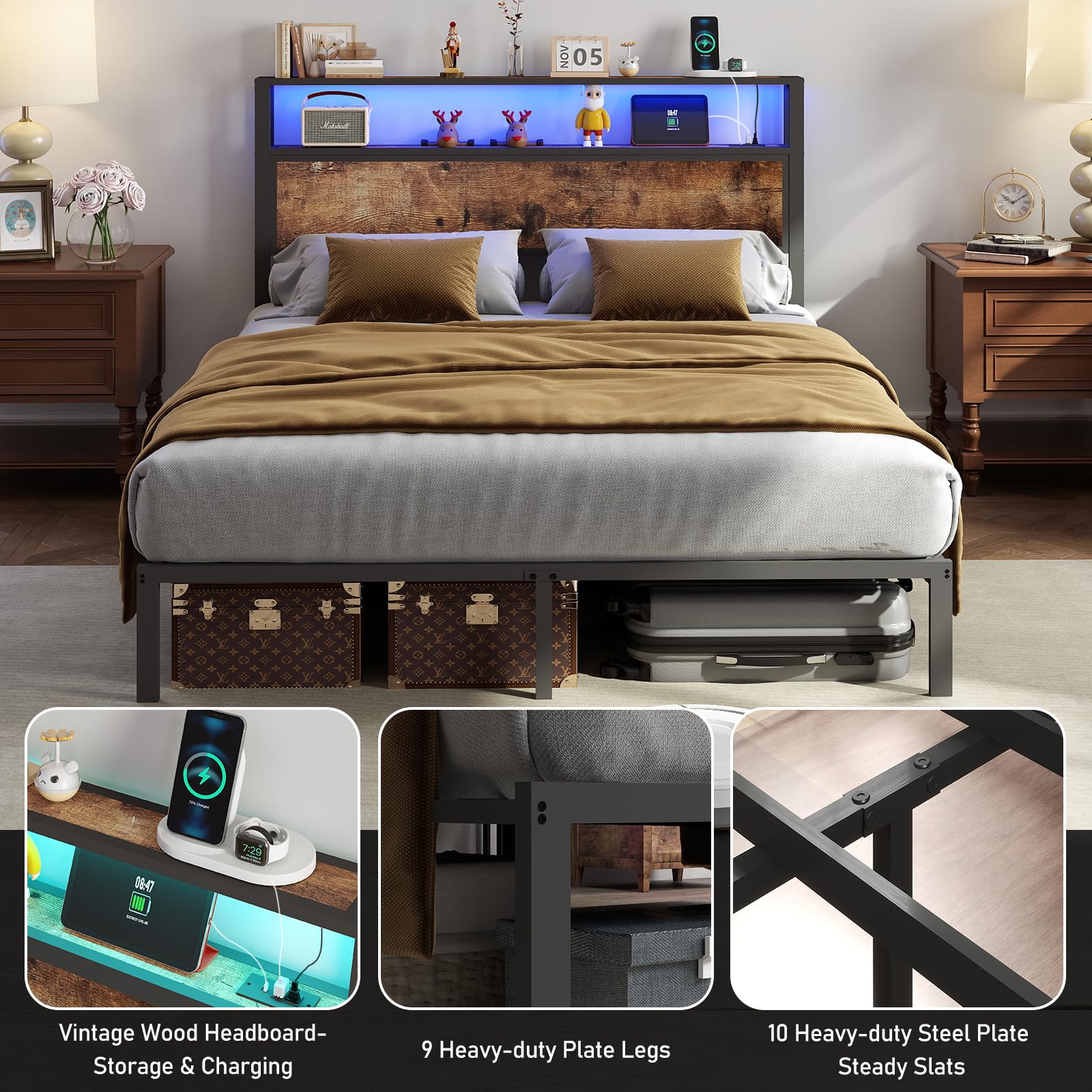 Metal Platform Bed Frame with LED Lights & Charging Station, Under Bed Storage, No Box Spring Needed, Noise Free, Dark Grey