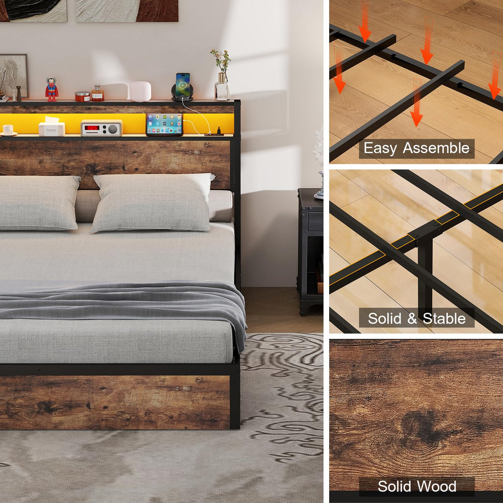 Metal Platform King Bed Frame Wood with 4 Drawers, LED Light, Charging Station, No Box Spring Needed, Noise Free, Easy Assembly, Grey