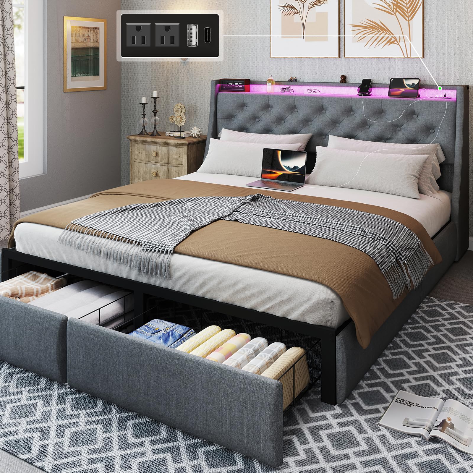 Queen Bed Frame with Storage Headboard and Drawers, Bed Frame Platform with LED Light, Charging Station, No Box Spring Needed, Noise Free, Easy Assembly, Grey