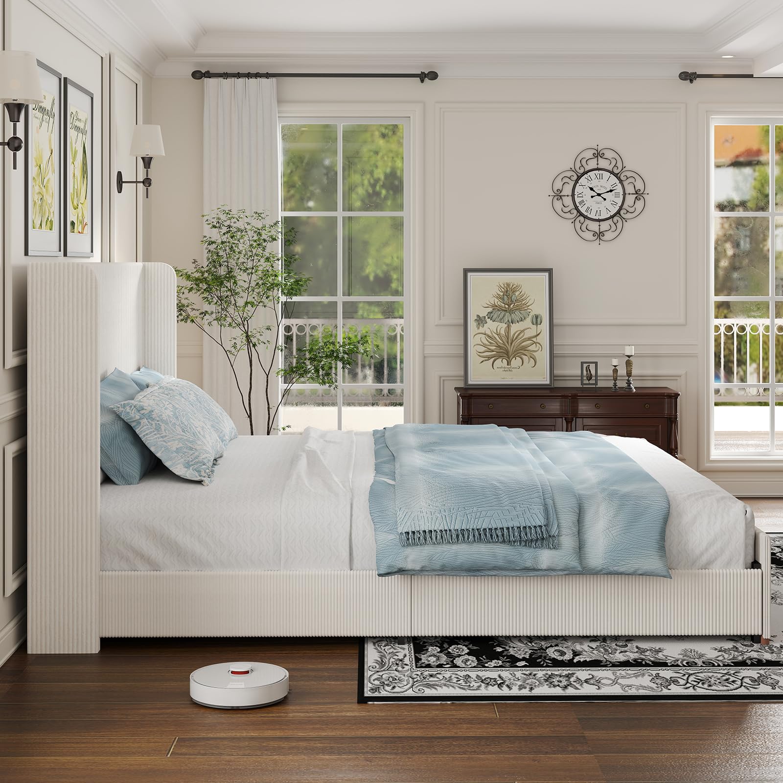 Queen Size Upholstered Platform Bed Frame, Soft Corduroy Bed Frame Queen with 47" Headboard, Solid Steel Slats, No Box Spring Needed, Noise Free, Easy Assembly, Cream