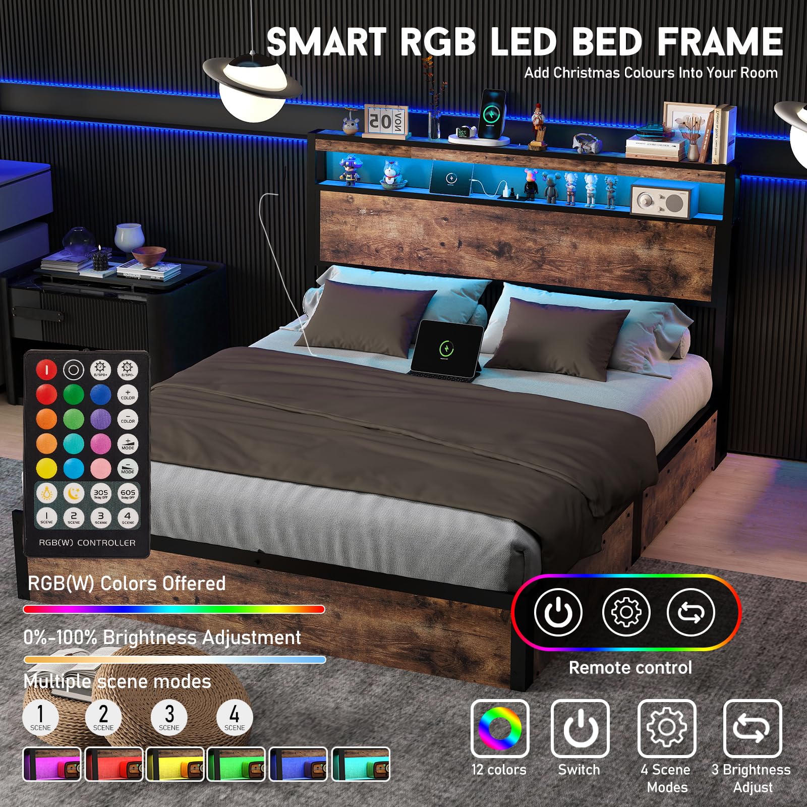 Full Size Lift Up Storage Bed Frame with Charging Station