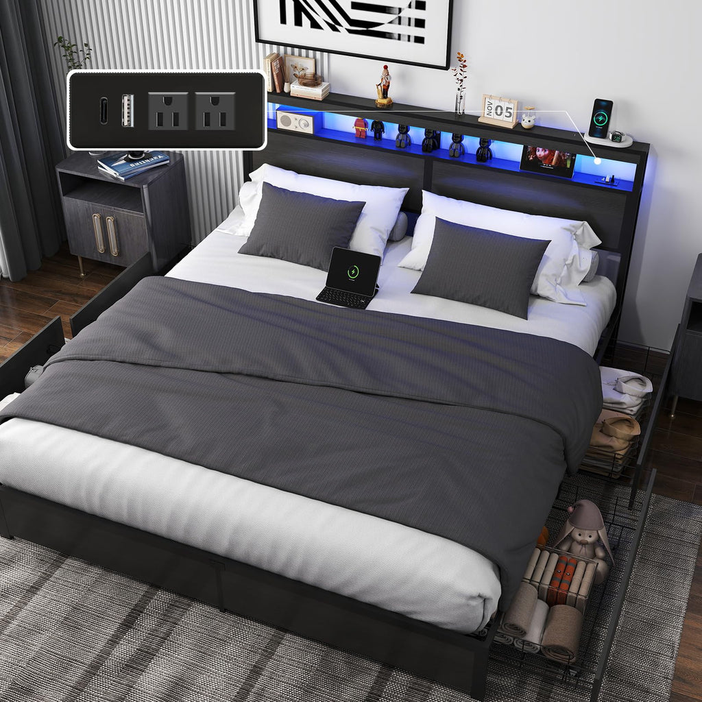 Full Size Lift Up Storage Bed Frame with Charging Station