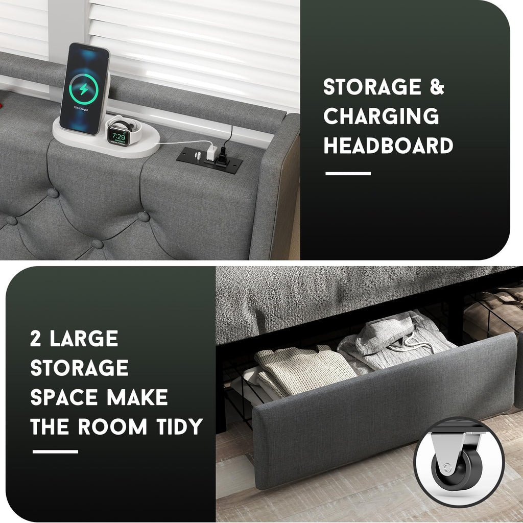 Queen Bed Frame with Headboard and 2 Storage Drawers