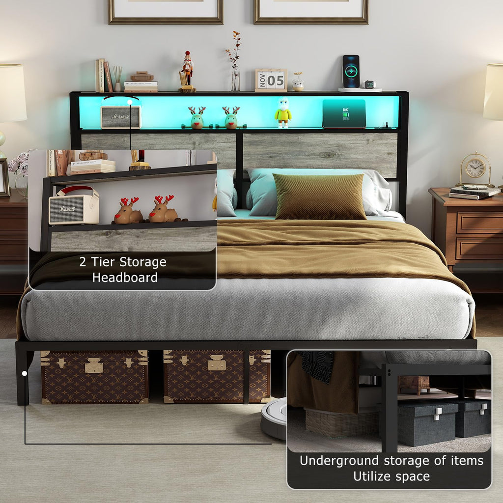 Metal Platform Bed Frame with LED Lights & Charging Station, Under Bed Storage, No Box Spring Needed, Noise Free, Dark Grey