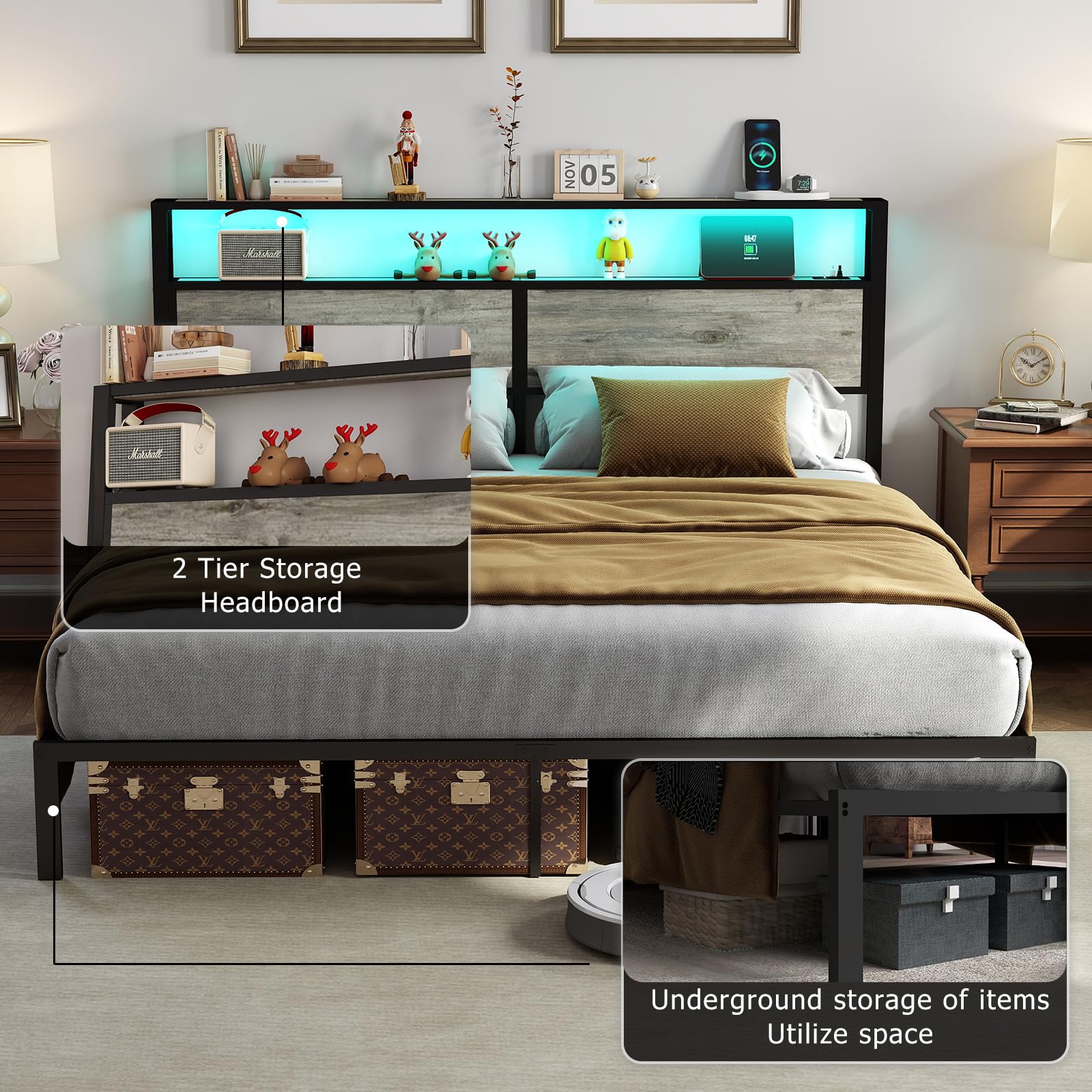 Metal Platform Bed Frame with LED Lights & Charging Station, Under Bed Storage, No Box Spring Needed, Noise Free, Dark Grey