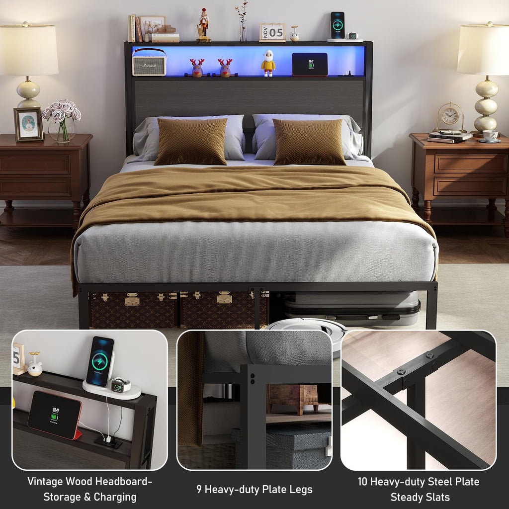 Metal Platform Bed Frame with LED Lights & Charging Station, Under Bed Storage, No Box Spring Needed, Noise Free, Dark Grey