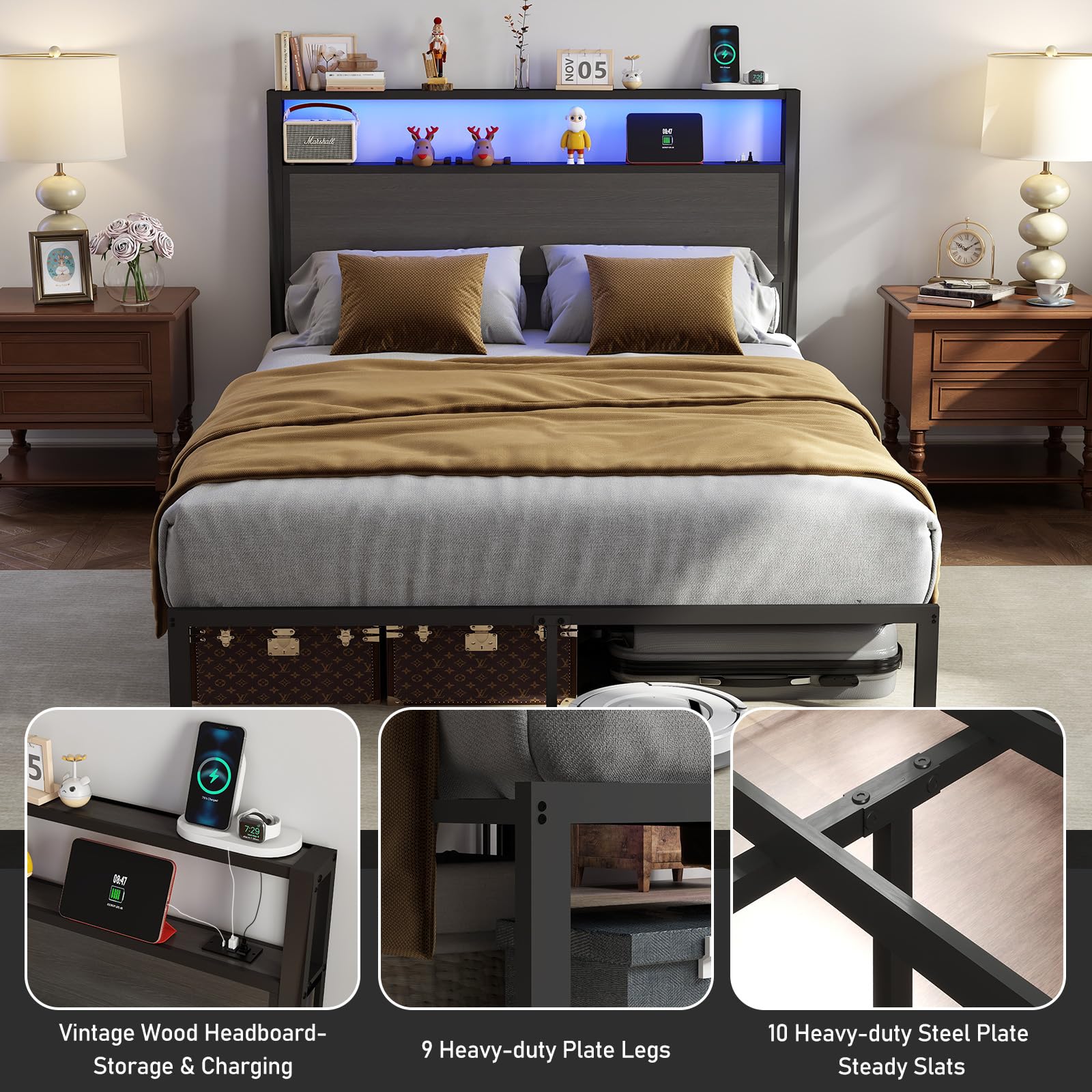 Metal Platform Bed Frame with LED Lights & Charging Station, Under Bed Storage, No Box Spring Needed, Noise Free, Dark Grey