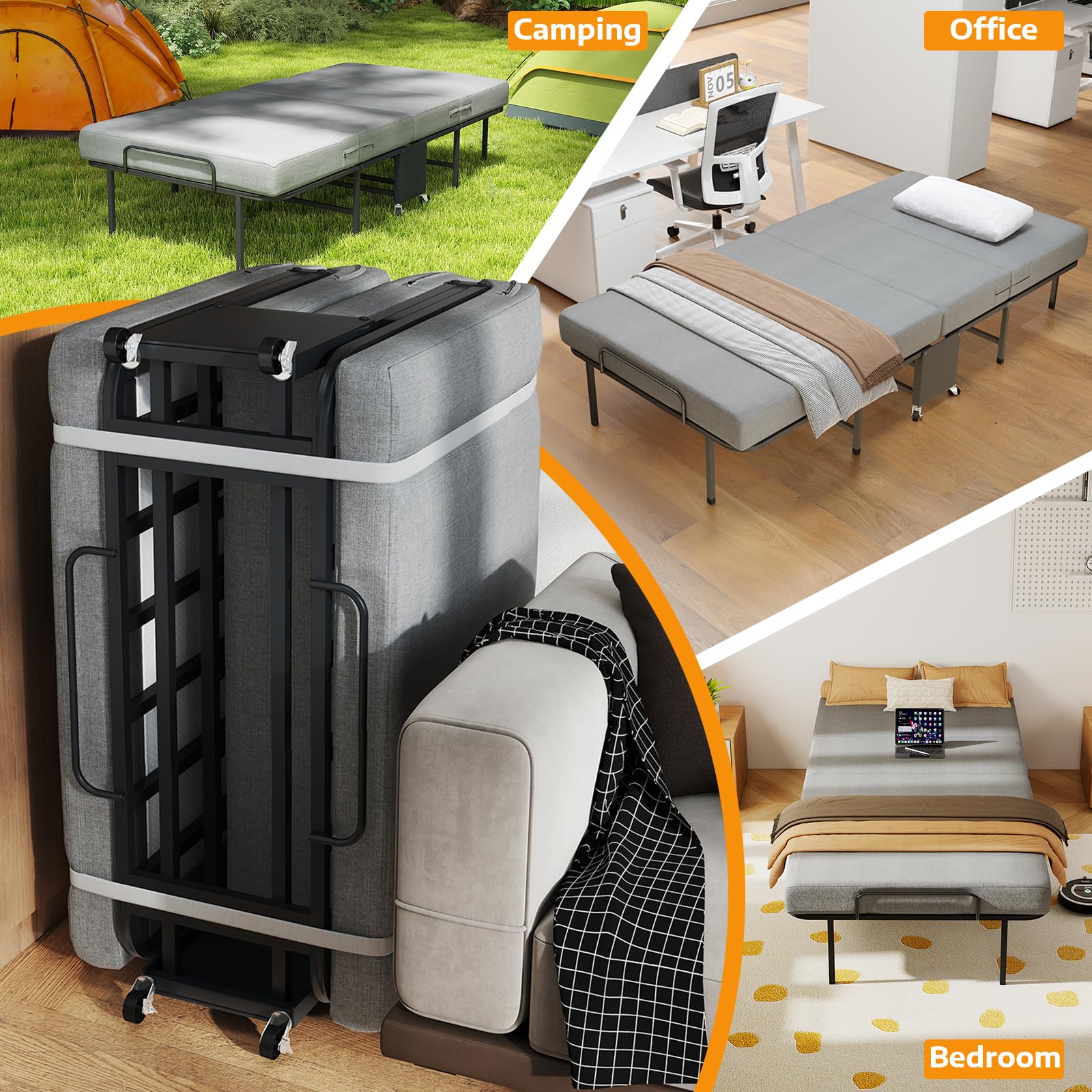 Folding Bed with Mattress for Adults, Portable Foldable Roll Away Bed on Wheels