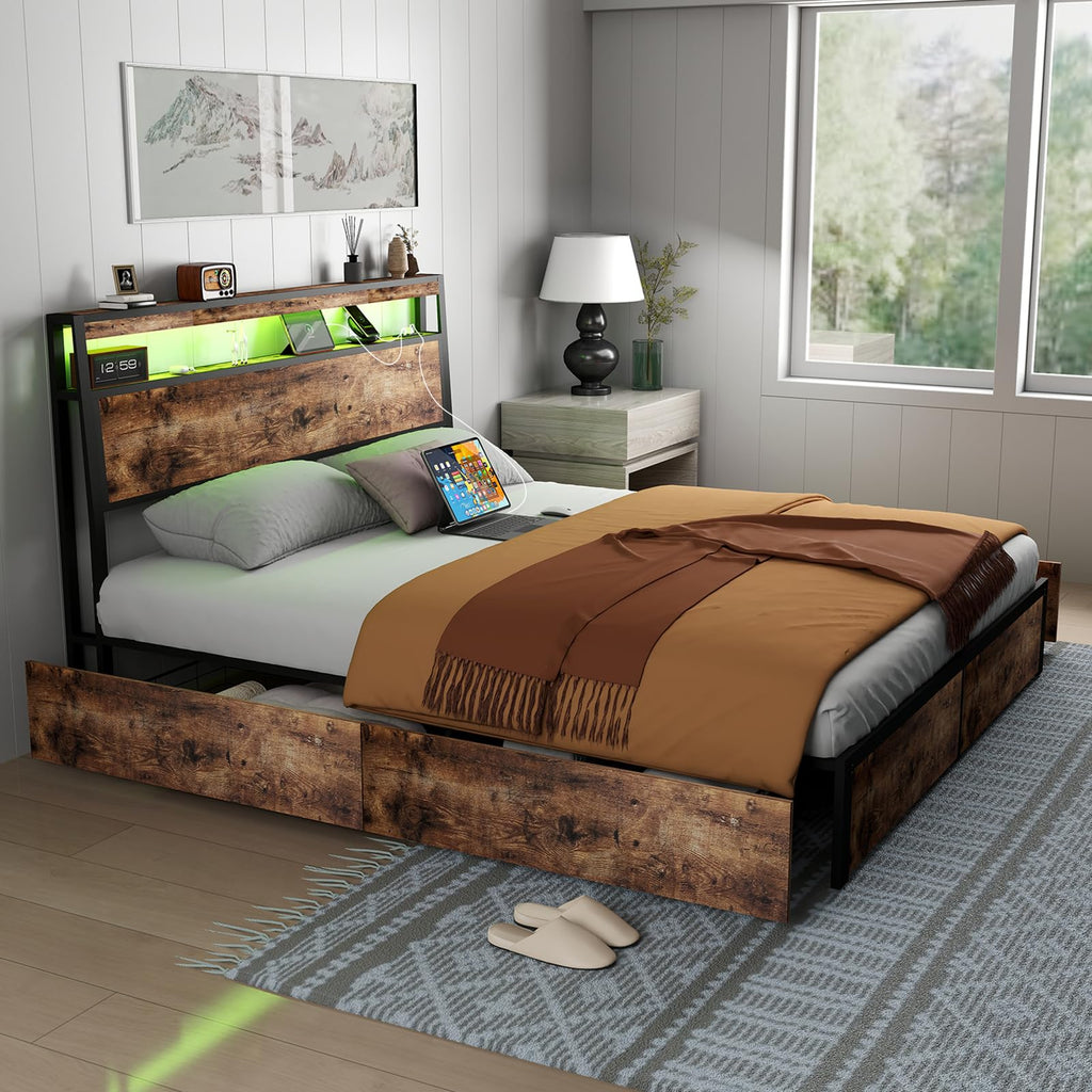 Metal Platform King Bed Frame Wood with 4 Drawers, LED Light, Charging Station, No Box Spring Needed, Noise Free, Easy Assembly, Grey