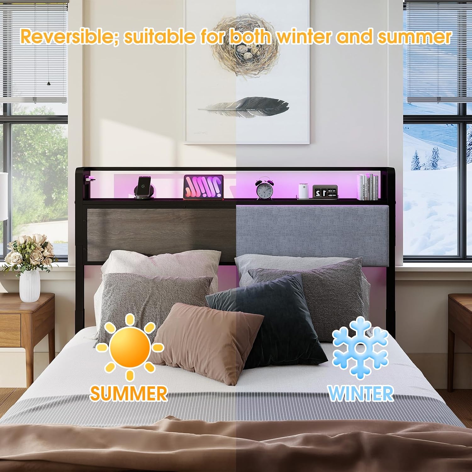 Convertible Reversible Headboard with RGB LED & Charging Station - twin/full/queen