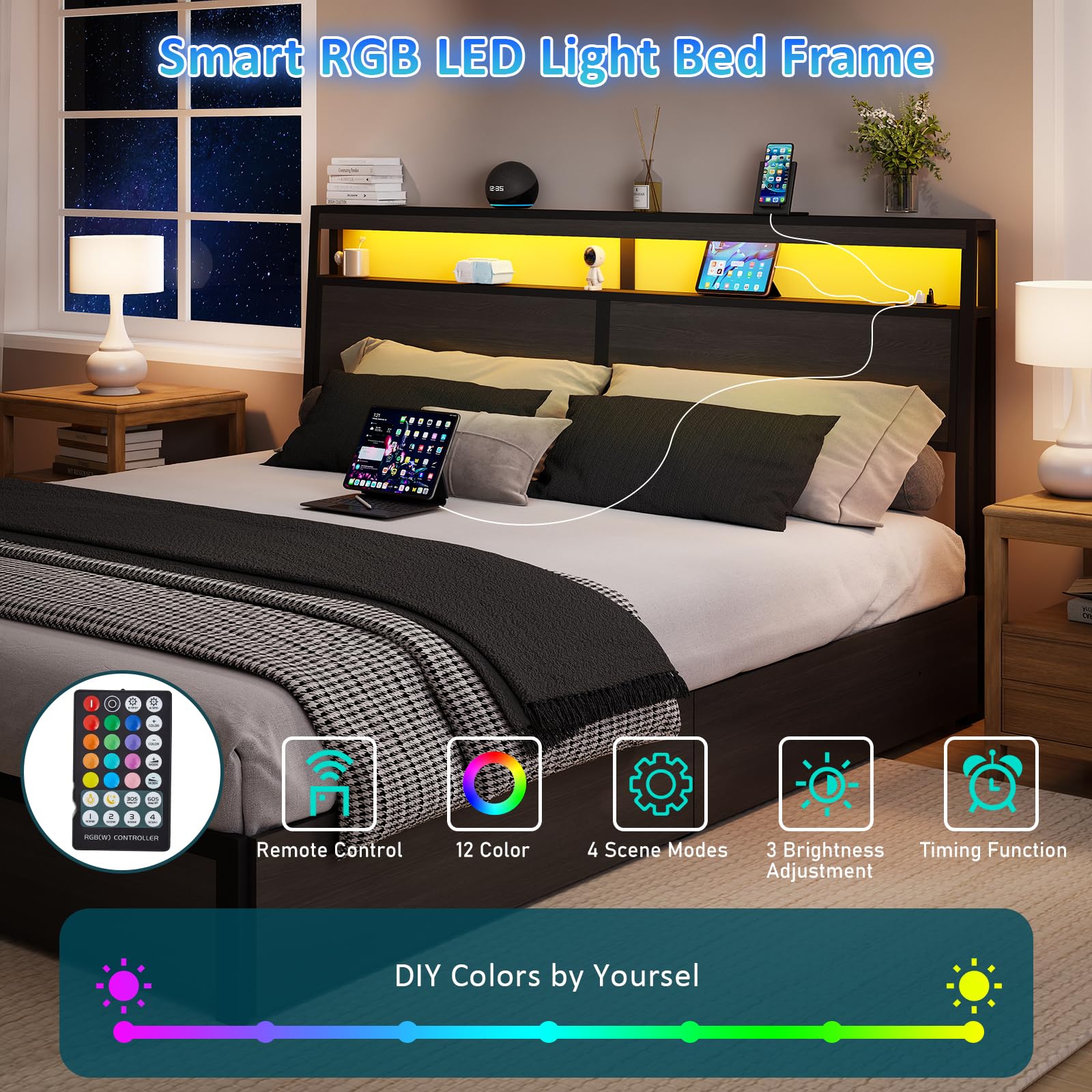 Metal Platform King Bed Frame Wood with 4 Drawers, LED Light, Charging Station, No Box Spring Needed, Noise Free, Easy Assembly, Grey