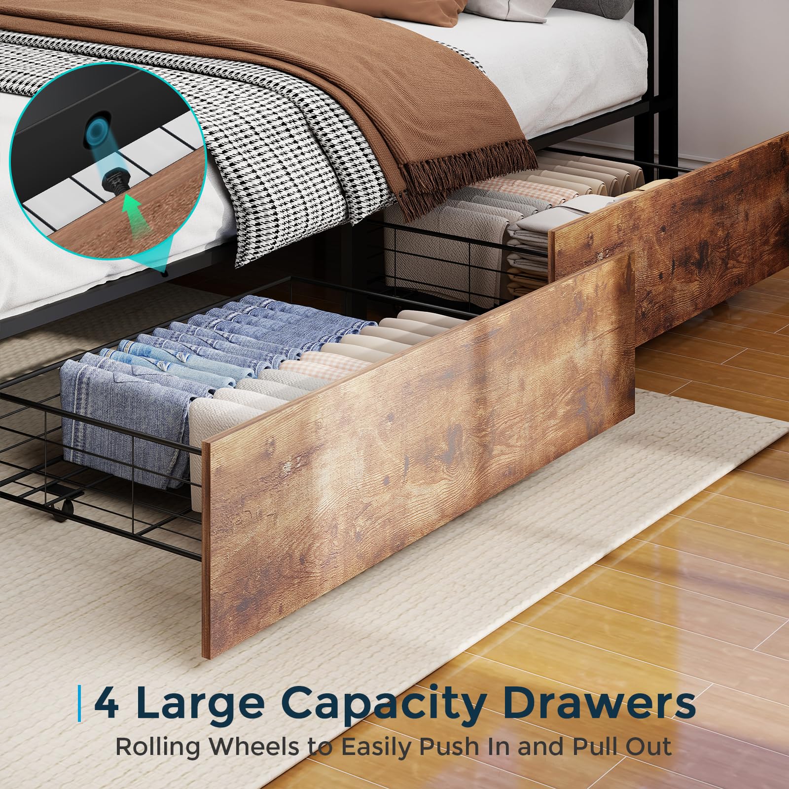 Metal Platform King Bed Frame Wood with 4 Drawers, LED Light, Charging Station, No Box Spring Needed, Noise Free, Easy Assembly, Grey