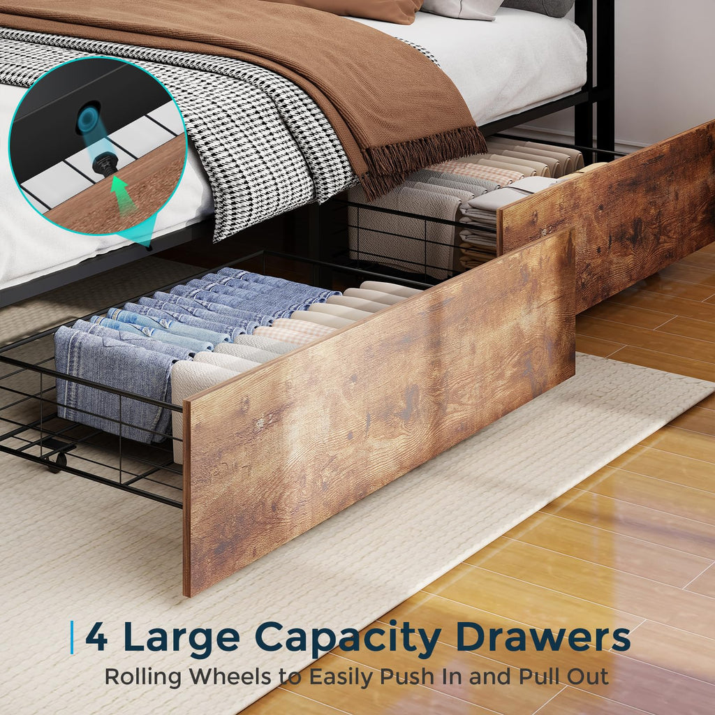 Metal Platform King Bed Frame Wood with 4 Drawers, LED Light, Charging Station, No Box Spring Needed, Noise Free, Easy Assembly, Grey