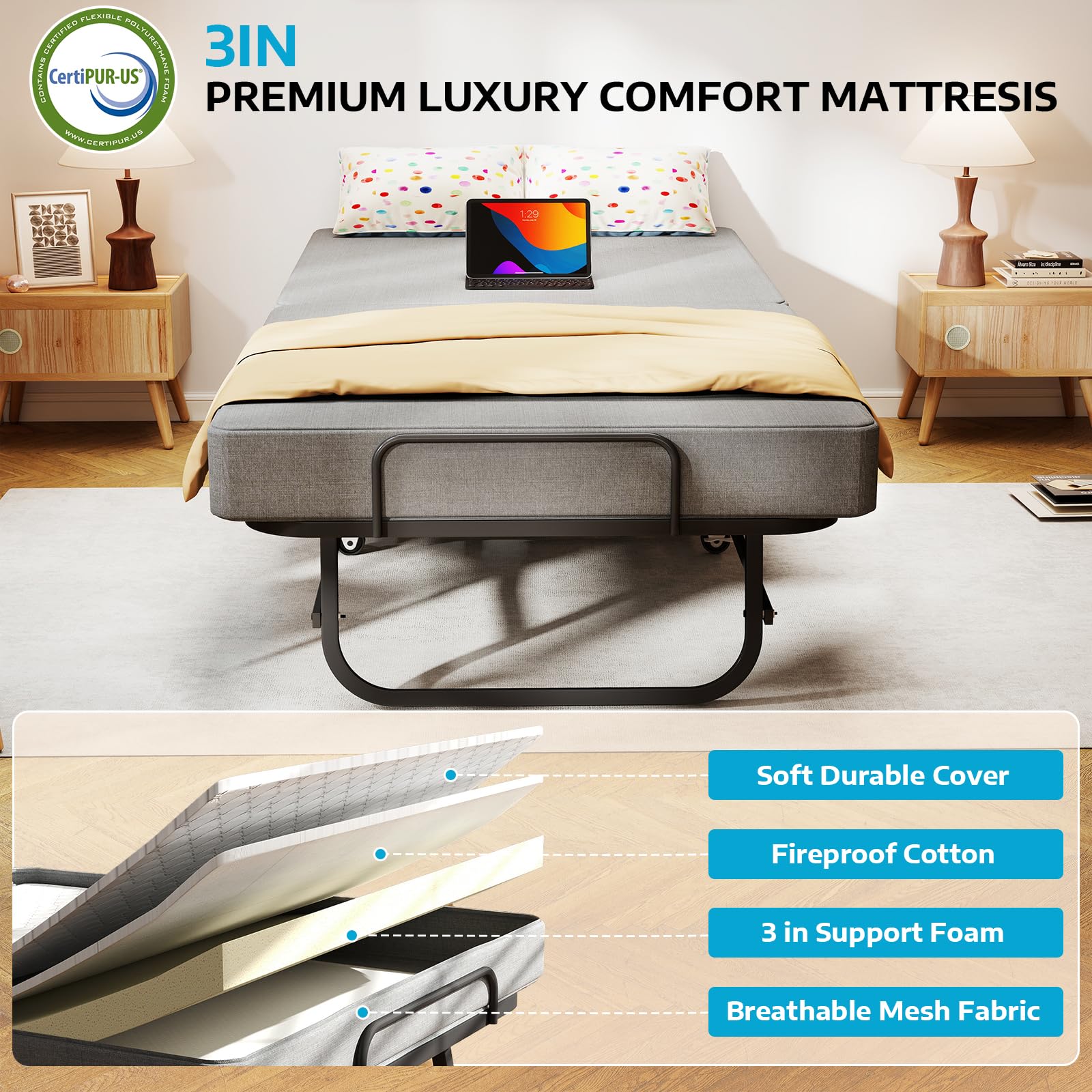 Folding Bed with Mattress for Adults, Portable Foldable Roll Away Bed on Wheels